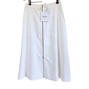 NWT Diane von Furstenberg Ivory Zip Front A-Line Midi Skirt Linen Cotton Sz 6